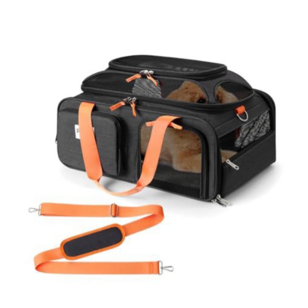 Black Pet Carrier with Orange Straps